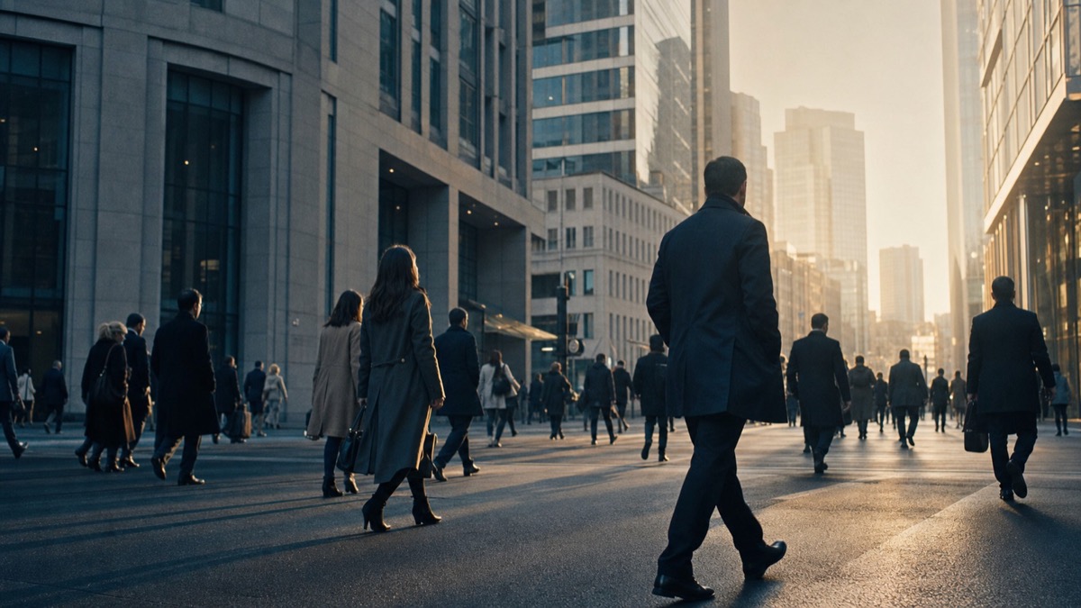 Professionals walking between office buildings in a business district at sunrise.