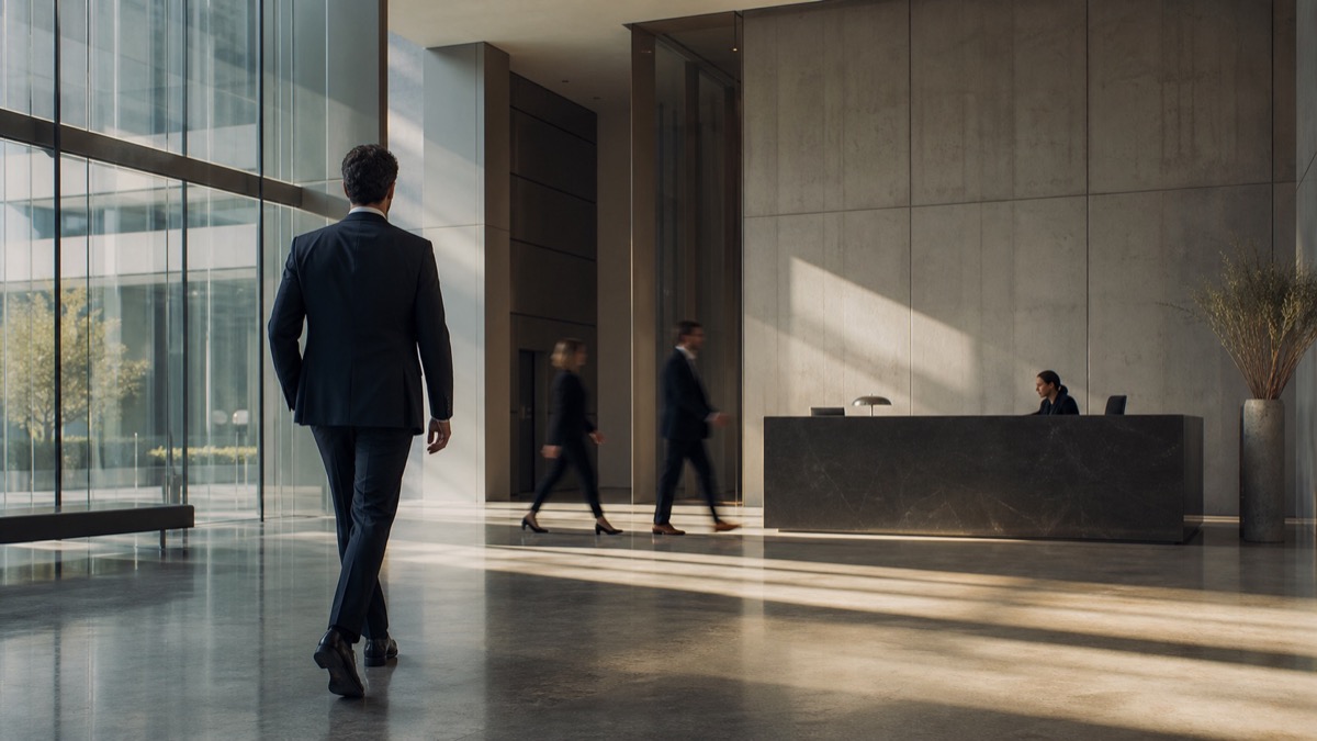 A candidate crossing an office building lobby toward reception.