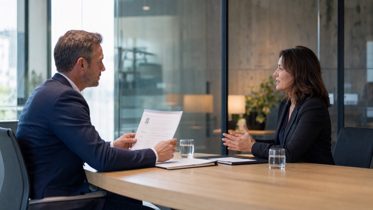 Two professionals in conversation across a table in a meeting room, one holding a printed CV.