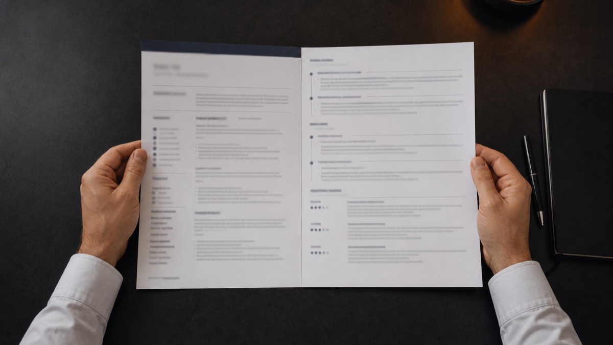 Hands holding an open two-page CV over a desk.
