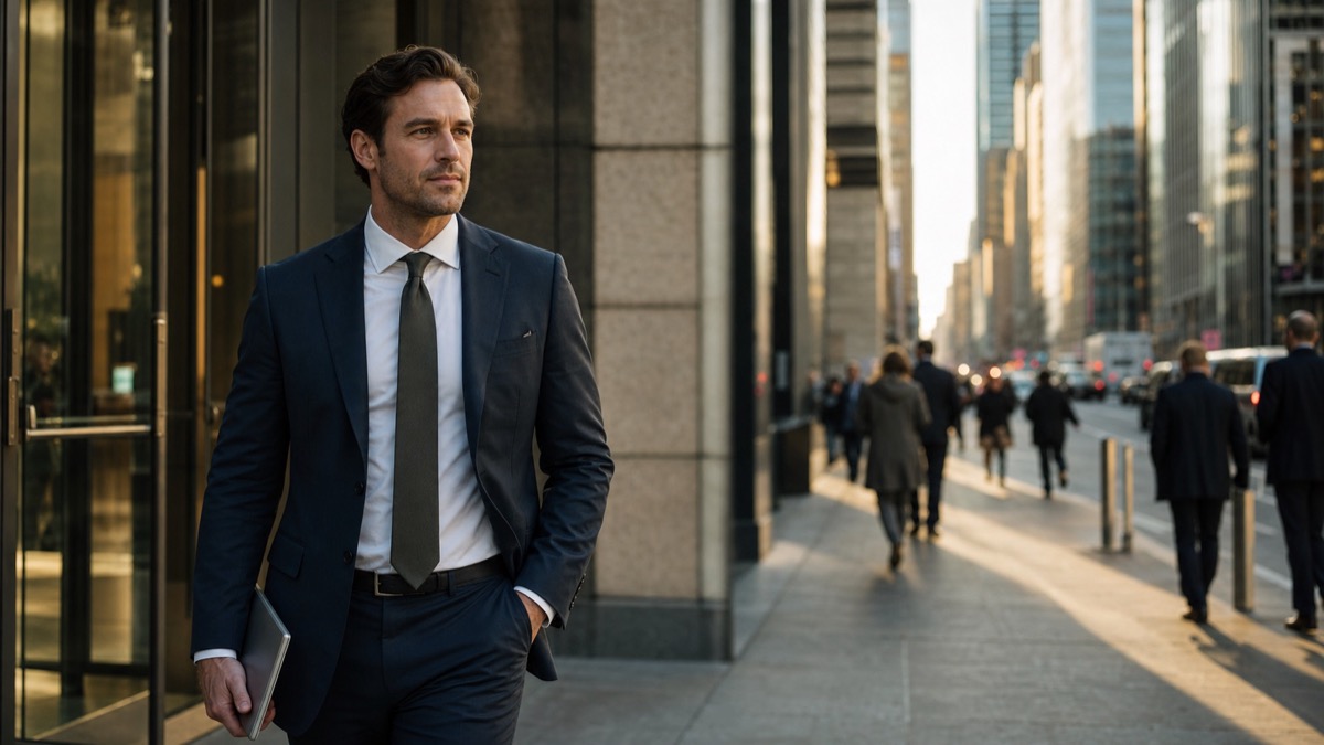 A professional leaving an office building into a city street in late afternoon light.